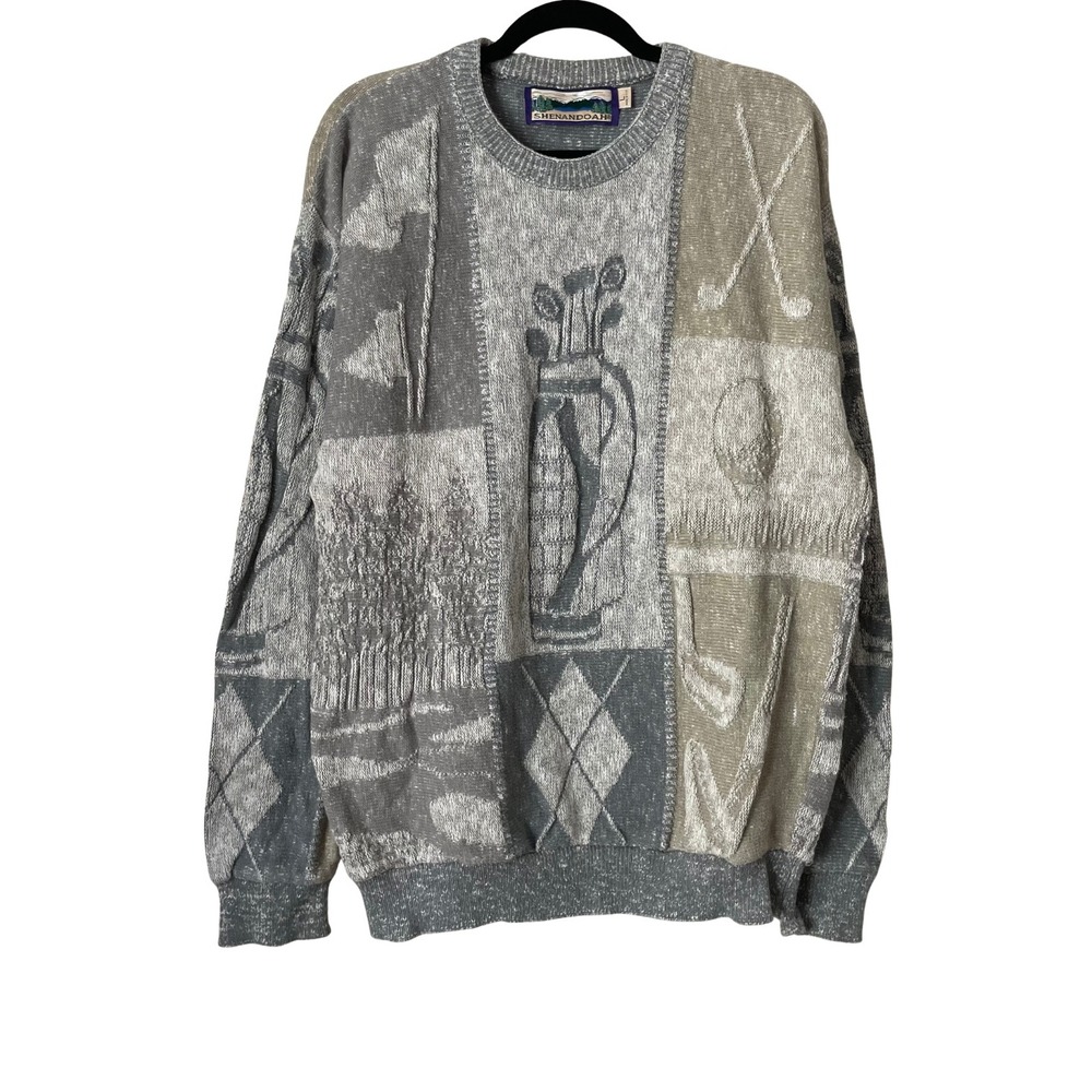 Vintage AOP 3D Knit Golf Patchwork Sweater Argyle Made in USA Large Shenandoah